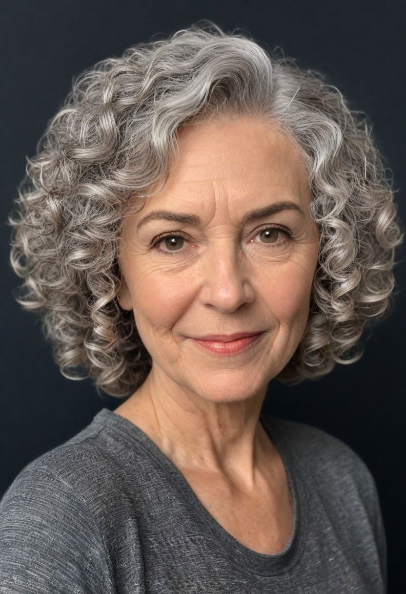 asymmetrical curly lob hairstyle over 60