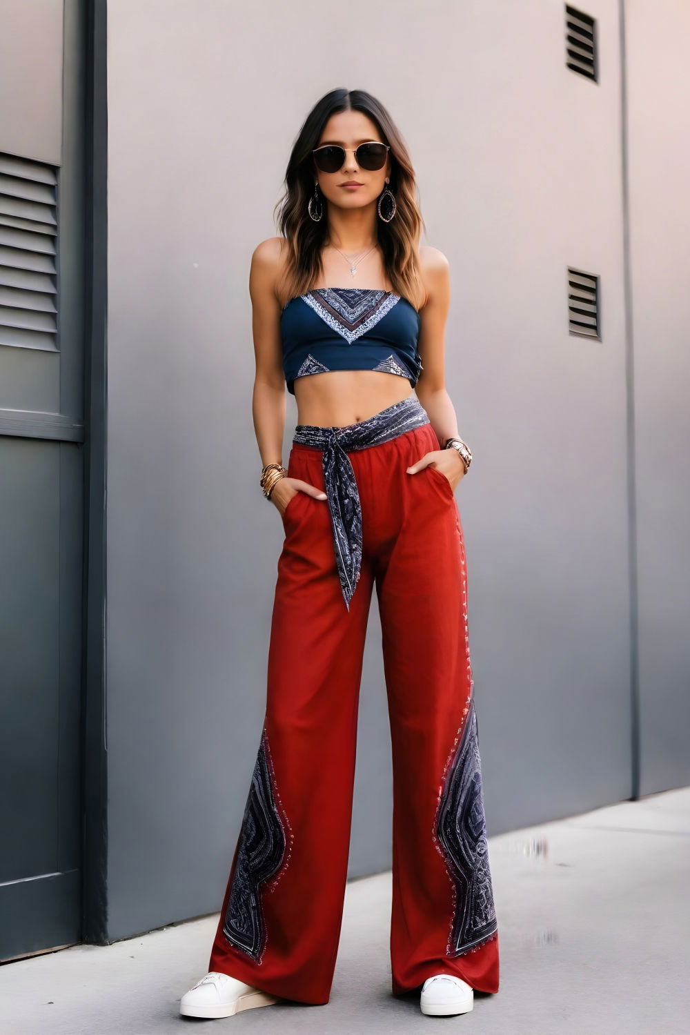 bandana top and wide leg pants for a bohemian twist