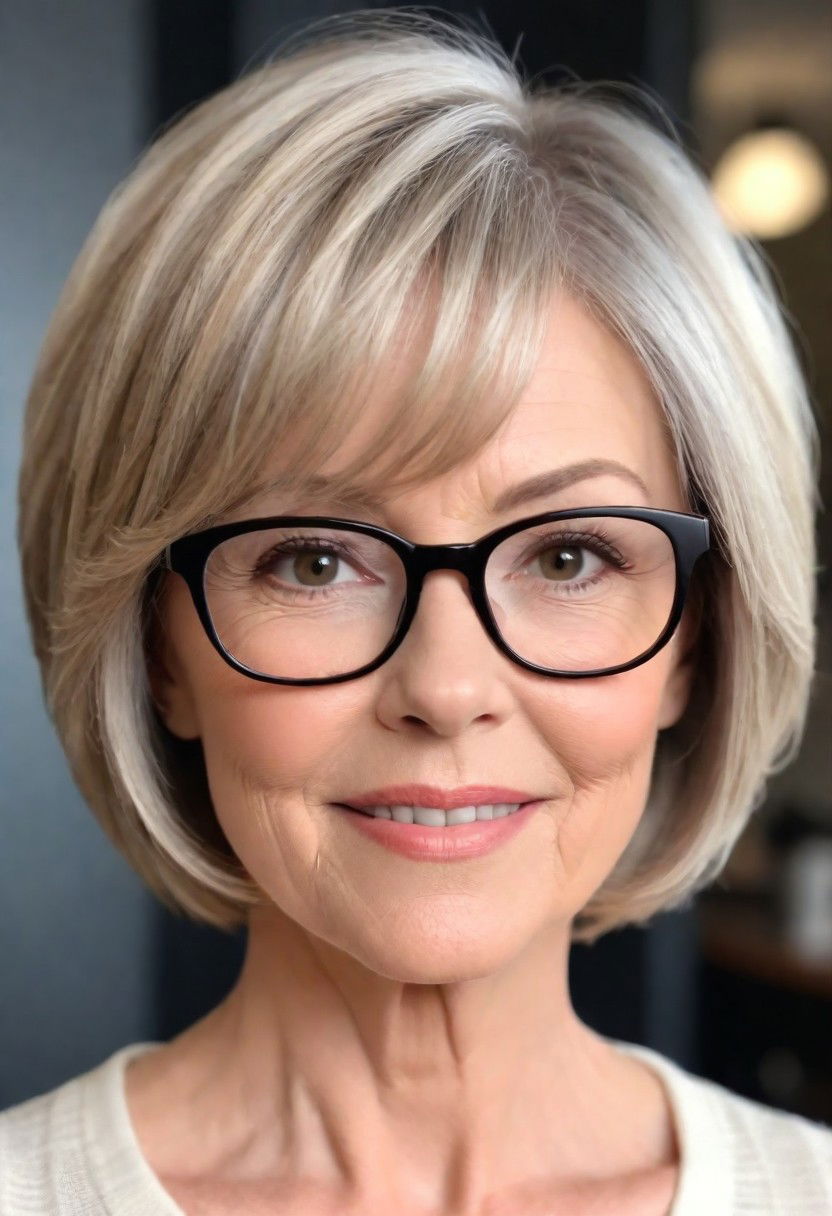 bob with side bangs for fine hair over 60 with glasses