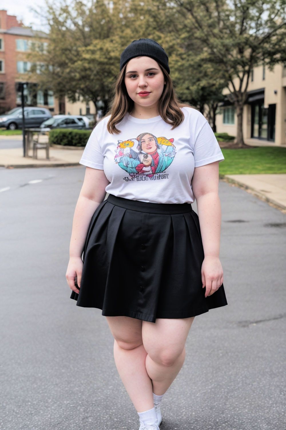 button up skirt with a graphic tee
