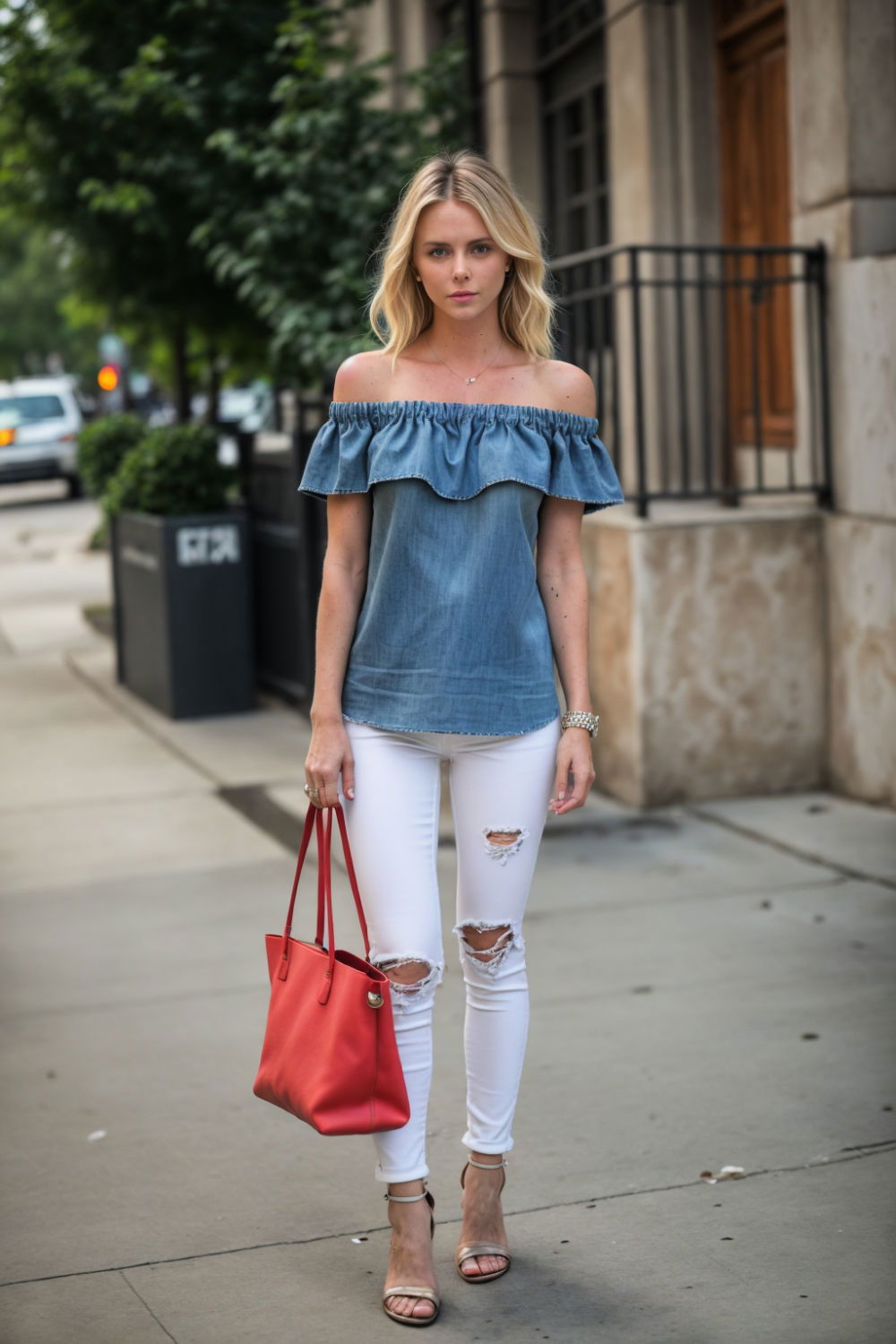 casual and chic off the shoulder top and distressed denim