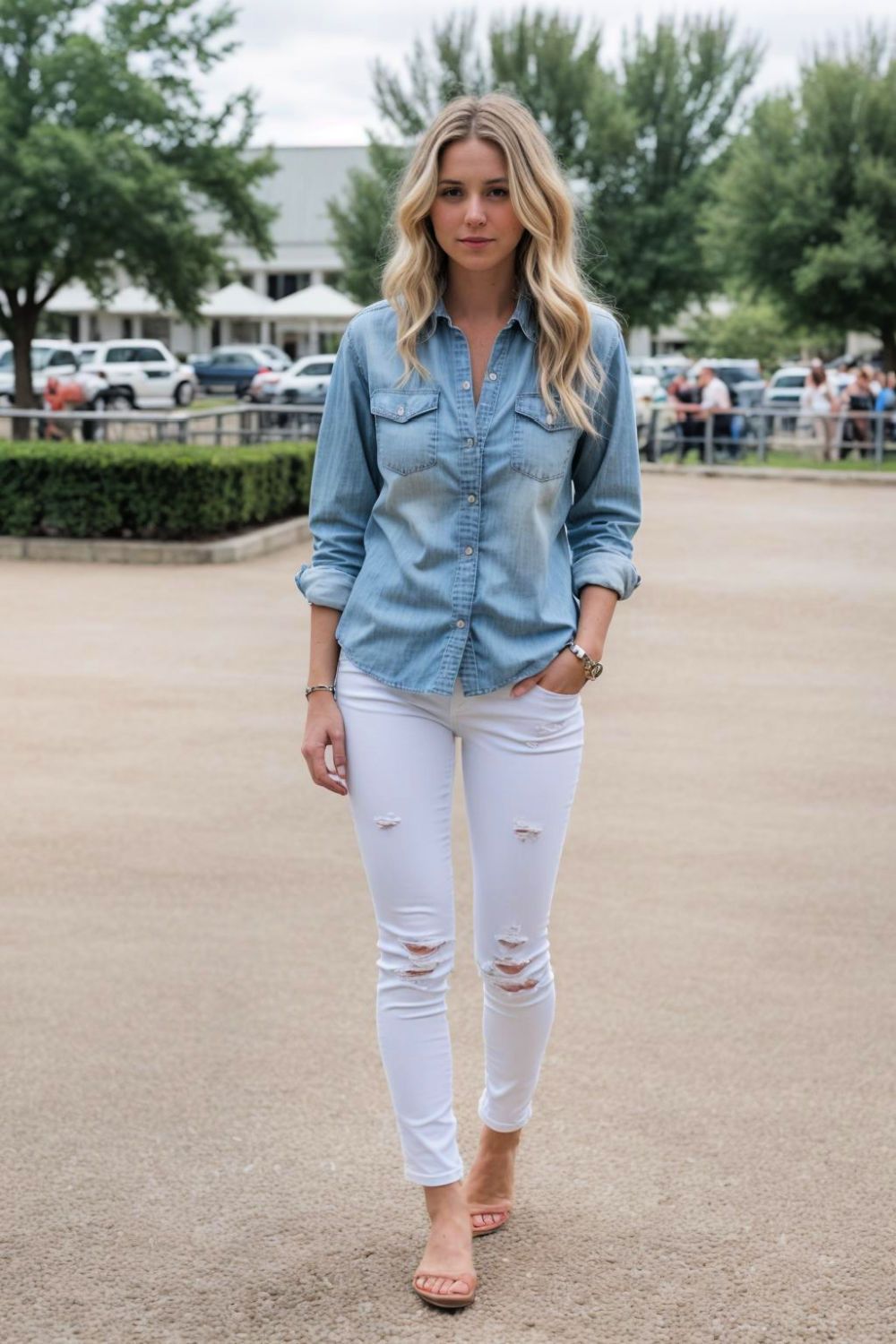 chambray shirt and white jeans country concert fashion