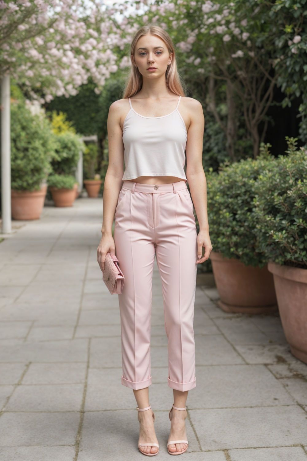 chic blush pink capri trousers outfit