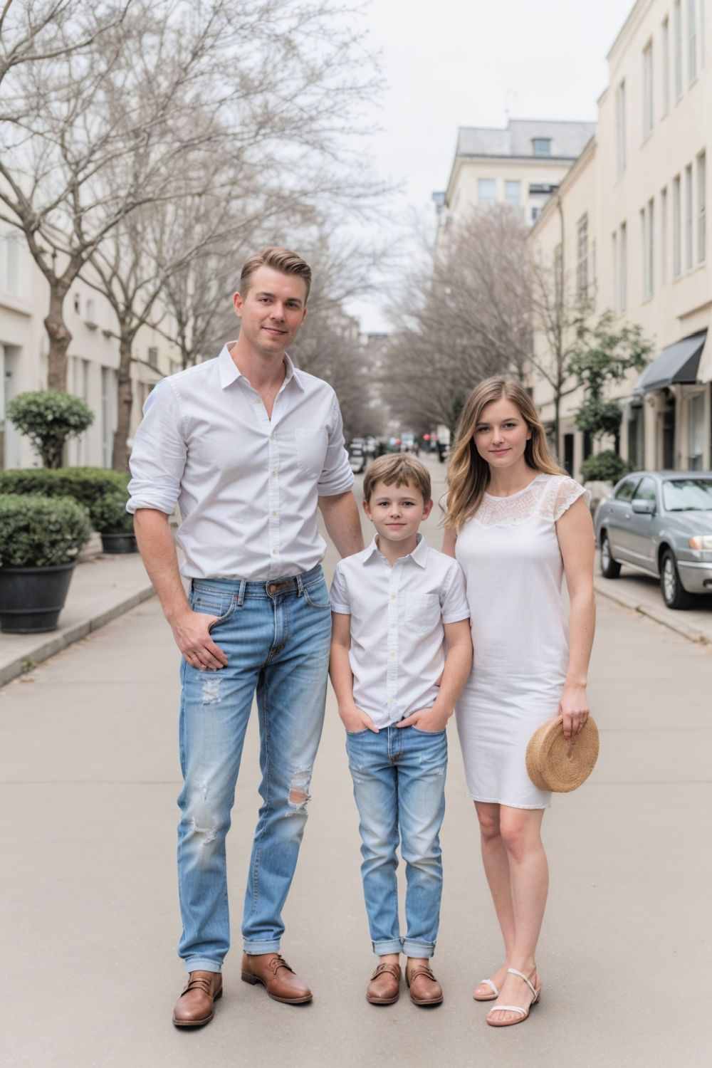 classic denim and white family photo outfit
