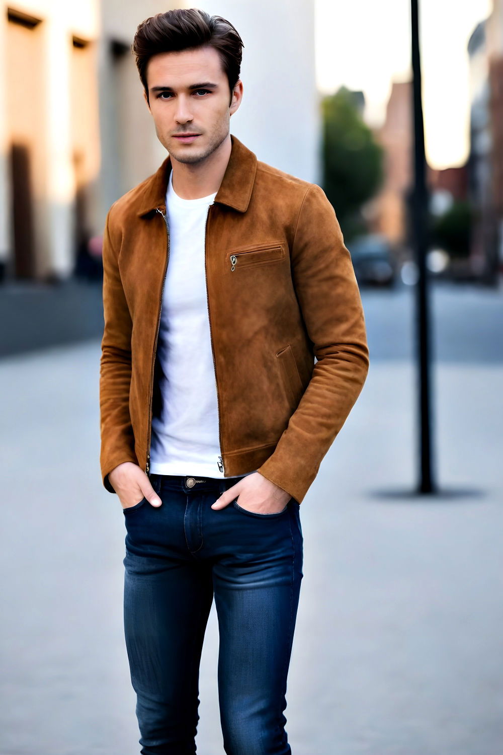 classic suede jacket and skinny jeans