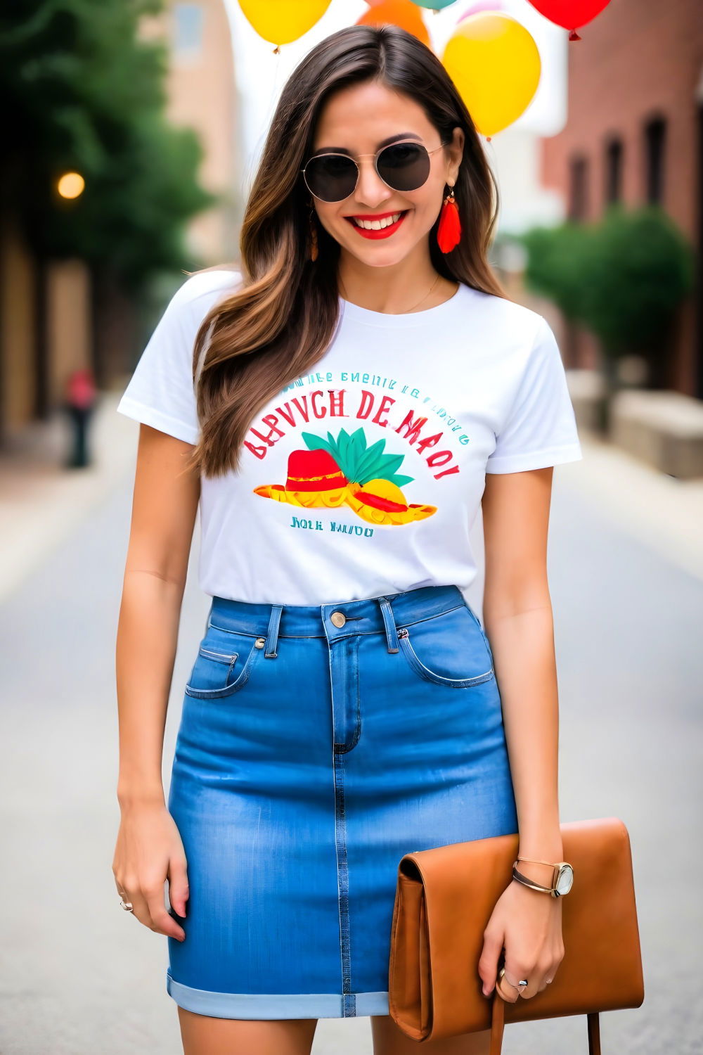 comfortable graphic tee and denim skirt