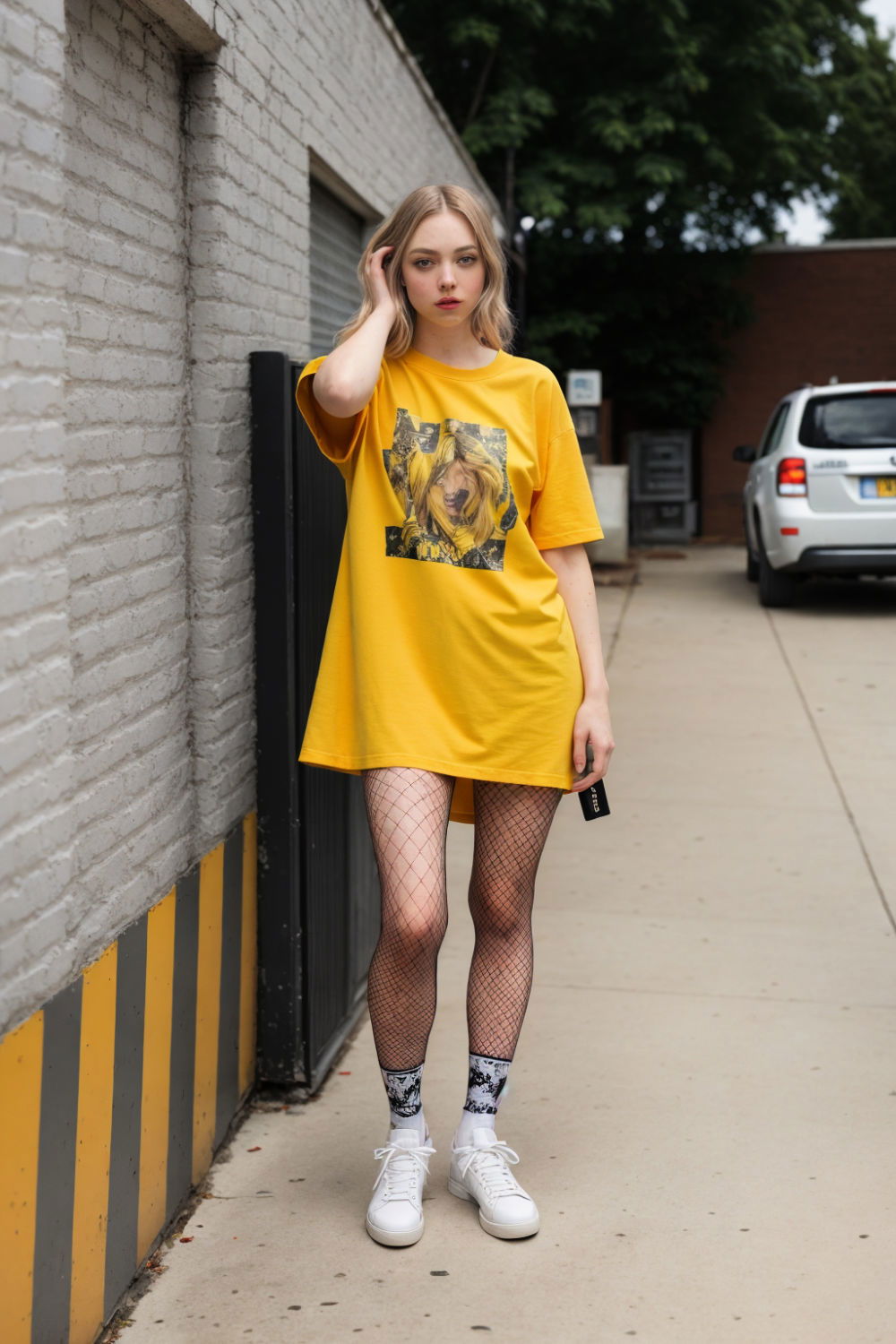 cool oversized graphic tee and fishnet tights