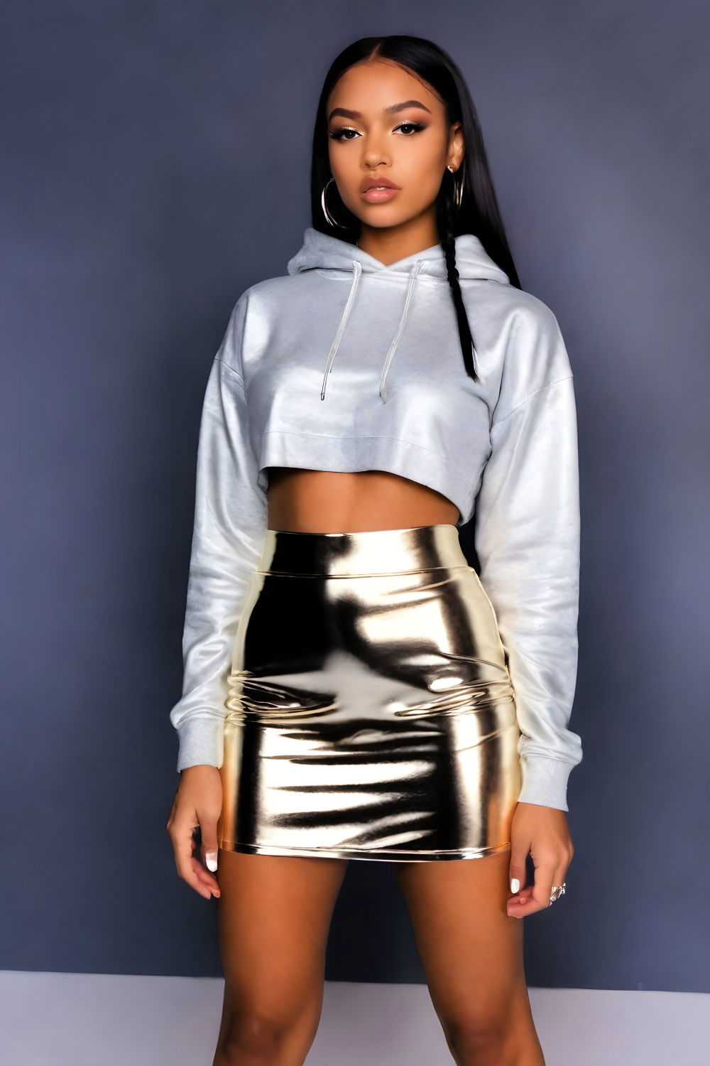 cropped hoodie and metallic skirt rap concert outfit