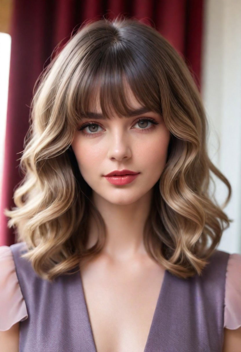 curtain bangs and waves hairstyle