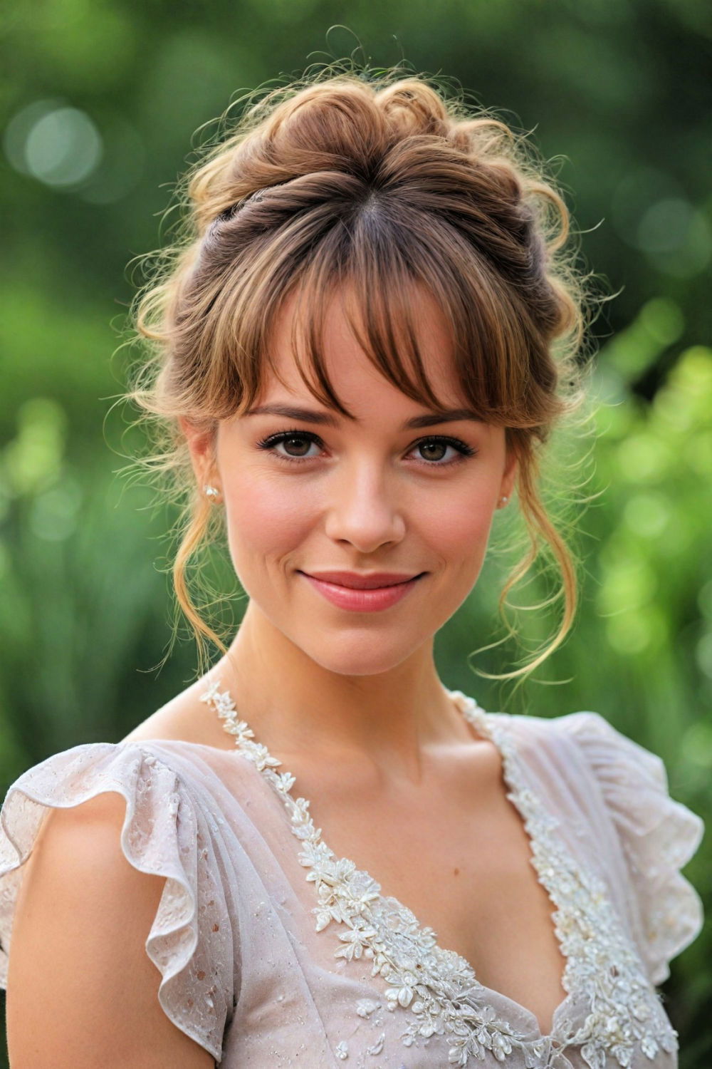 effortlessly wispy bangs and updo hairstyle