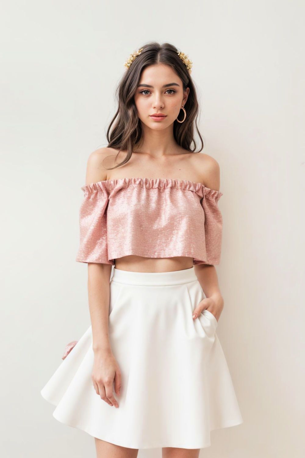 elegant off the shoulder top with midi skirt