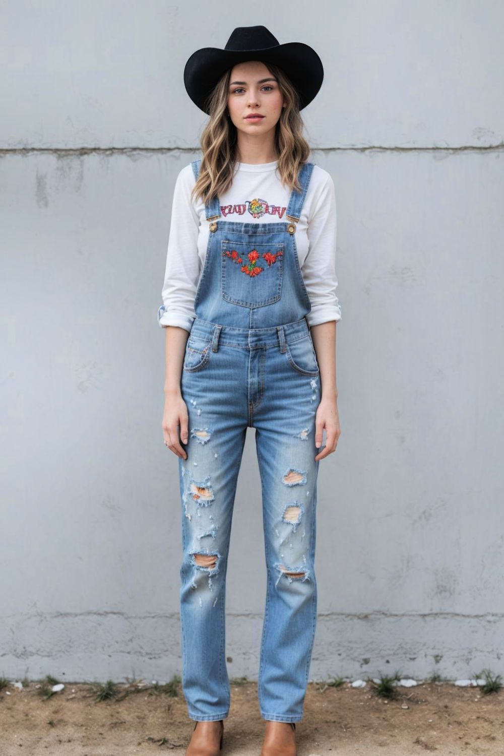 embroidered denim overalls for cowgirl