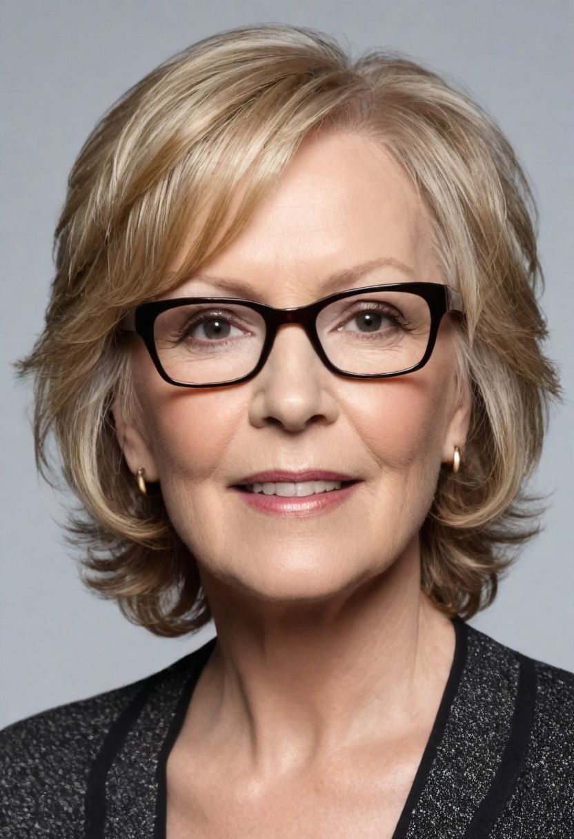 feathered bob hairstyle for women over 60 with glasses