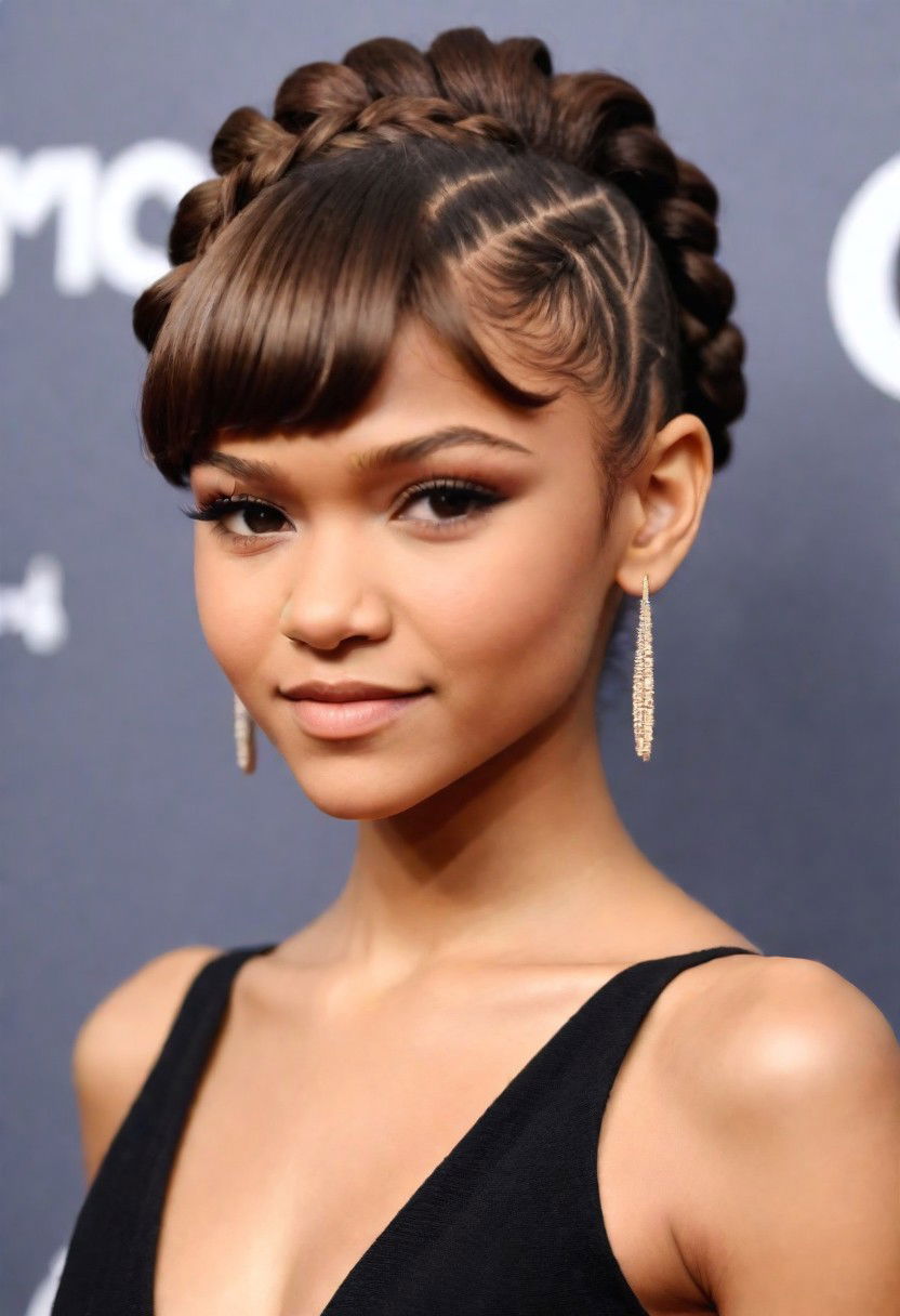 flat twist updo with bangs