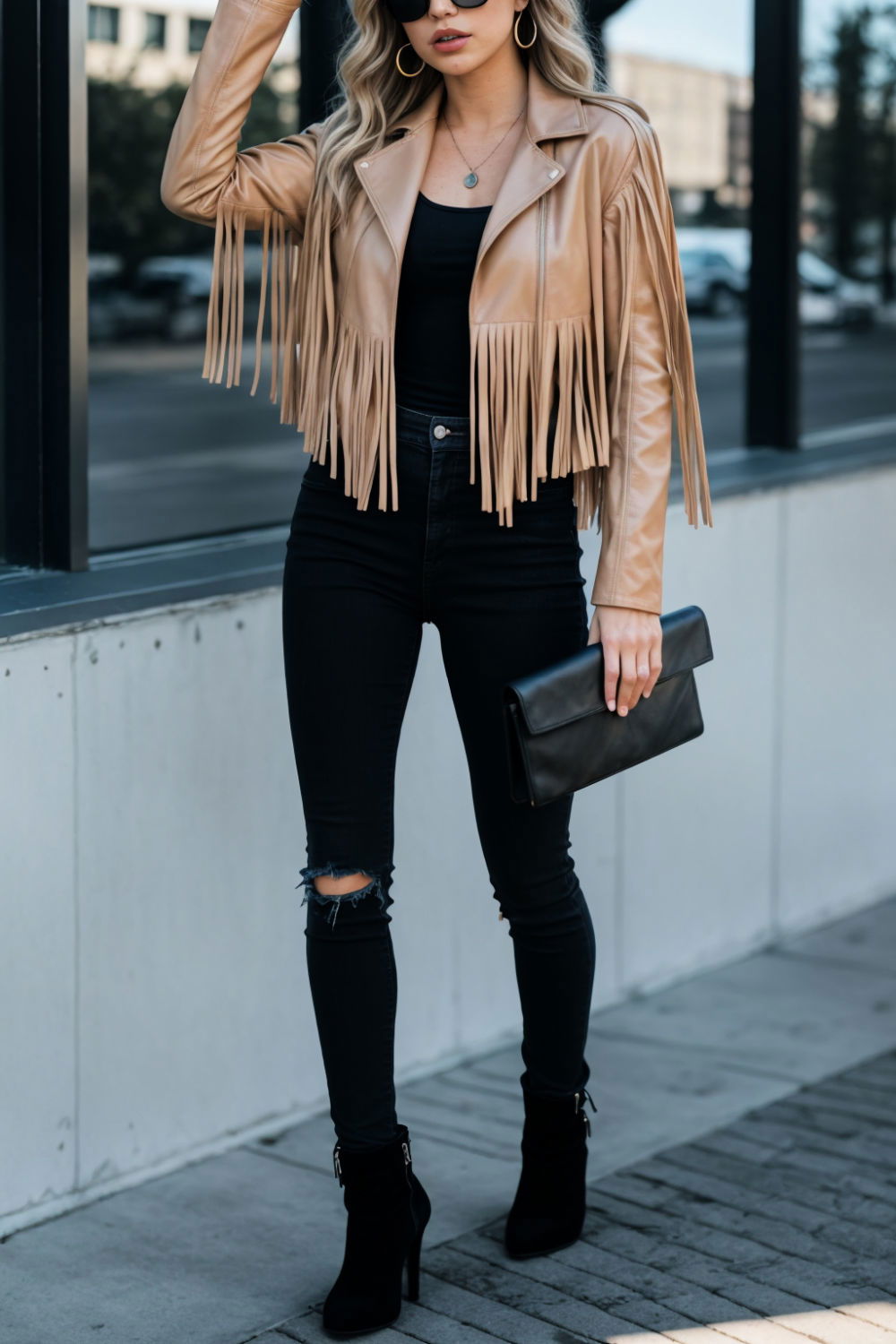 fringe jacket and skinny jeans rap concert outfit