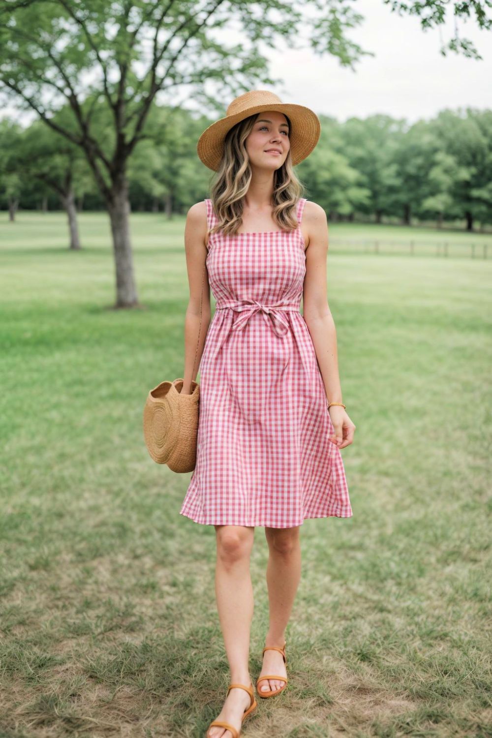 gingham dress and sandals for country concert