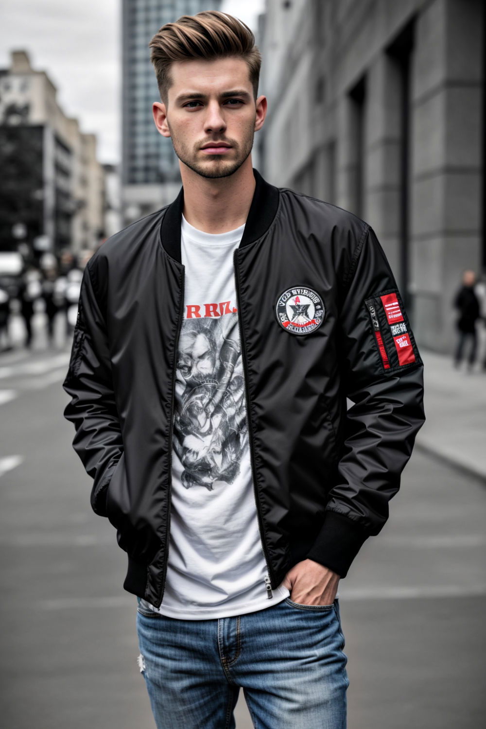 graphic tee and bomber jacket