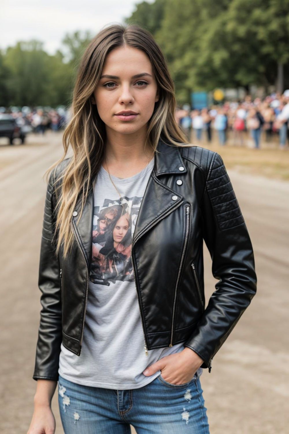graphic tee and leather jacket