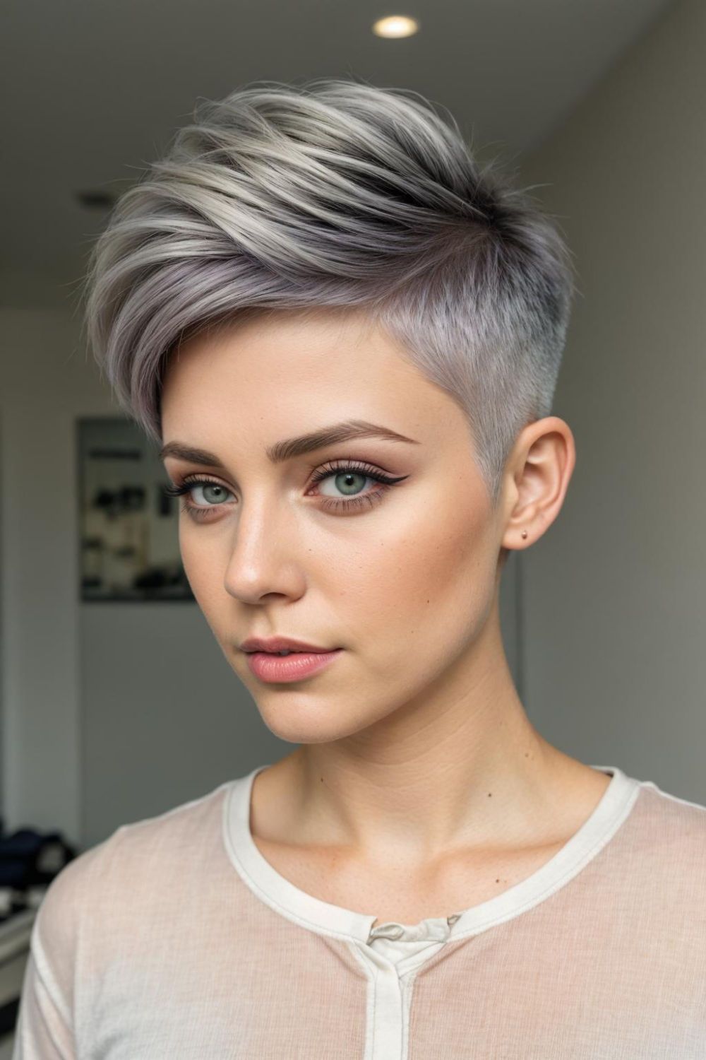 half shaved layered pixie with side sweep