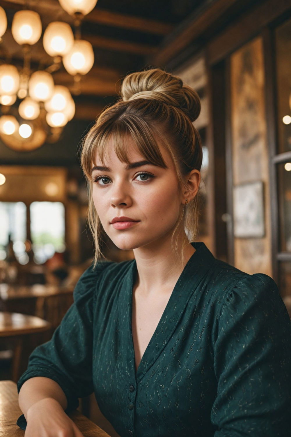 high bun with bangs hairstyle