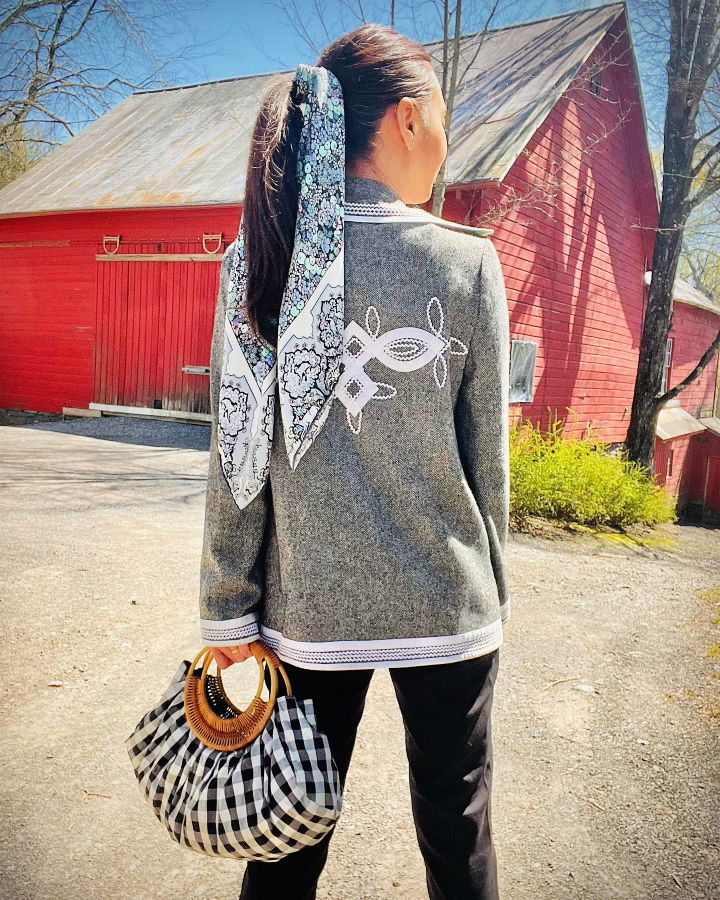 high ponytail with a scarf