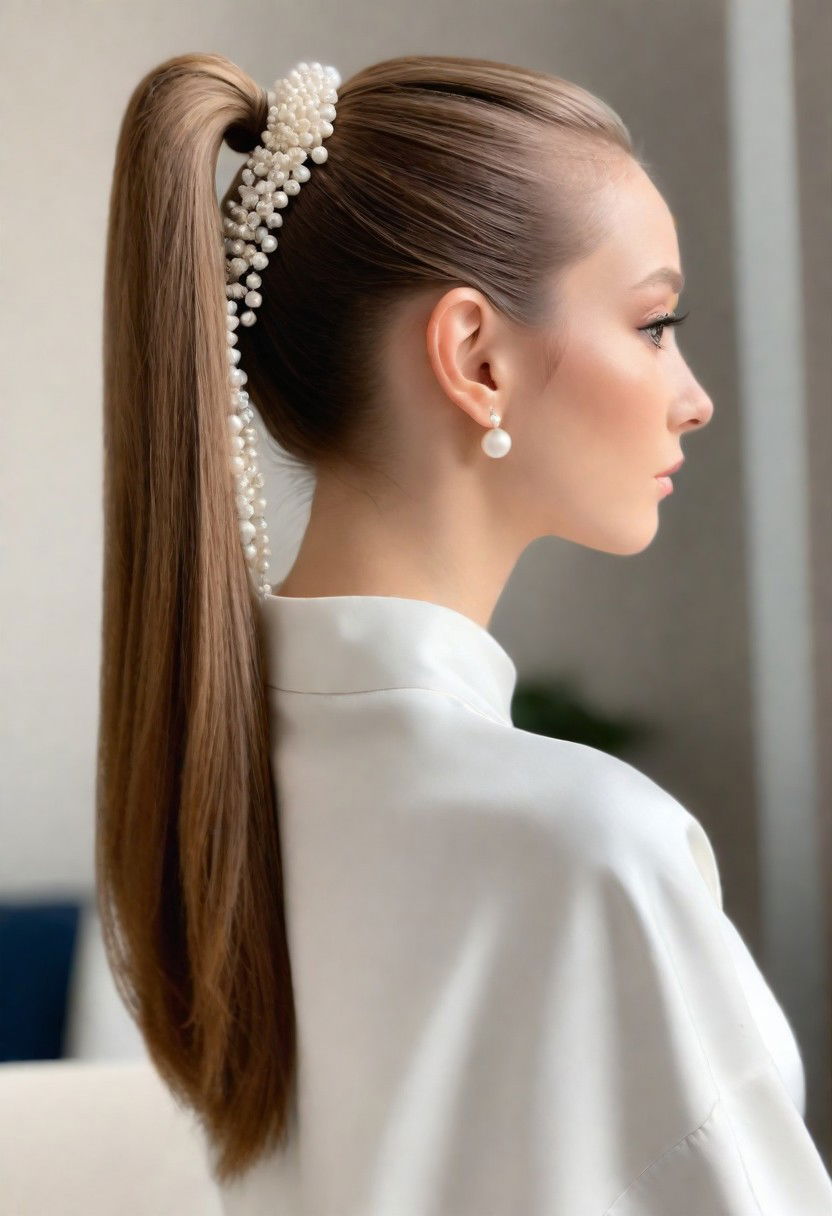 high ponytail with pearl accessories
