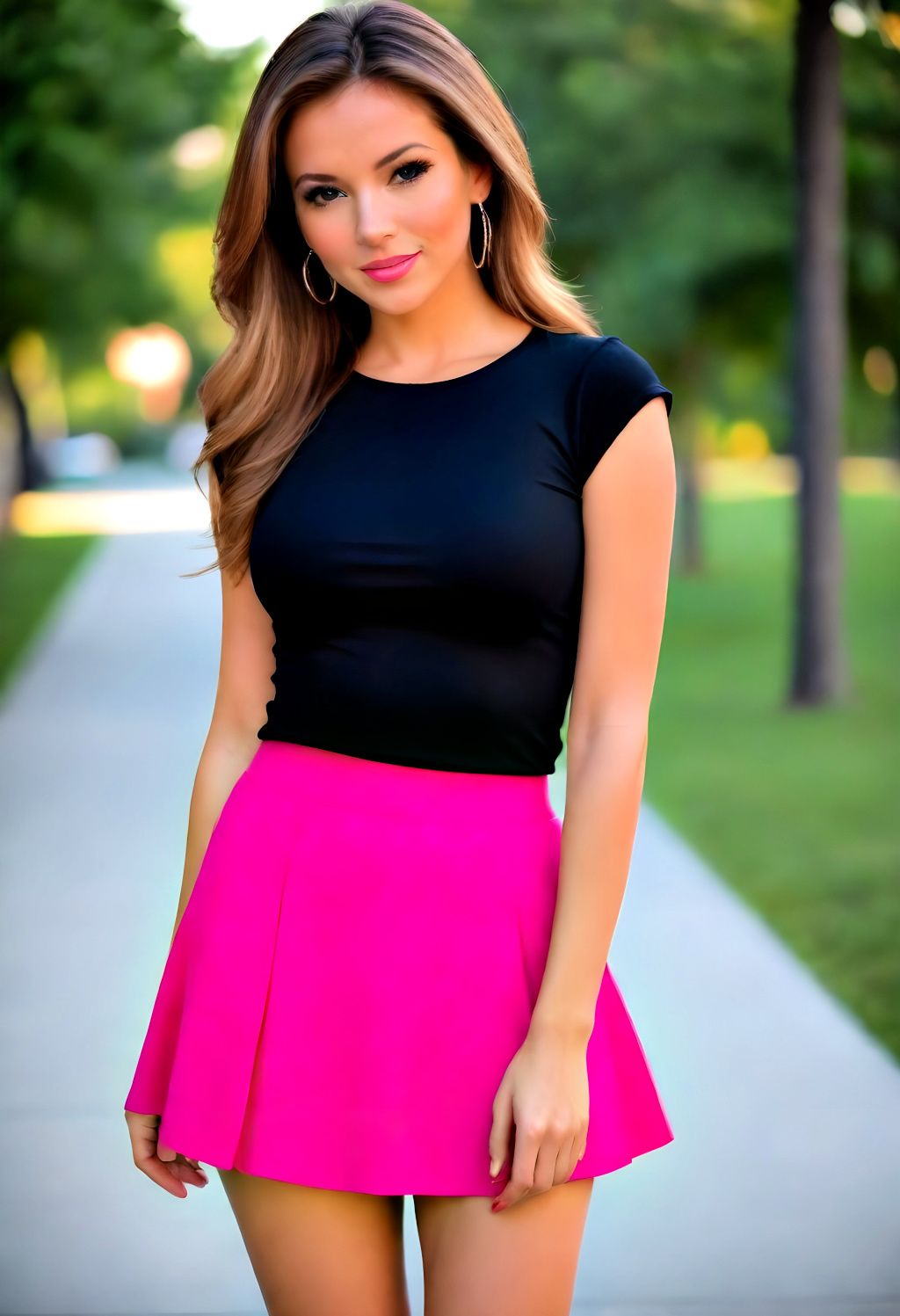 hot pink skirt and black top outfit