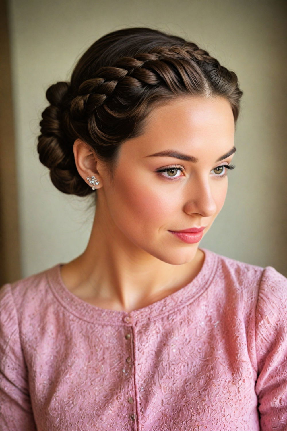 low chignon with braided crown hairstyle