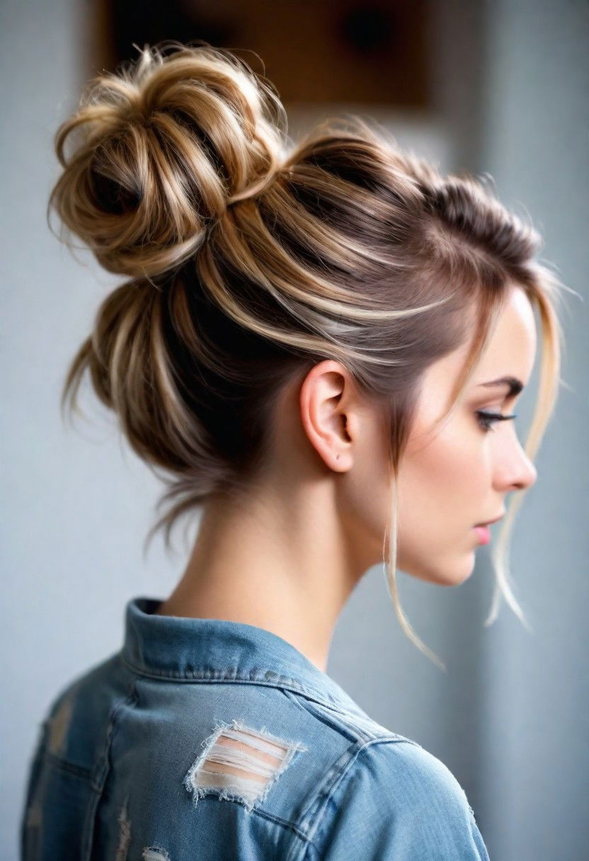 messy bun with loose strands hairstyle