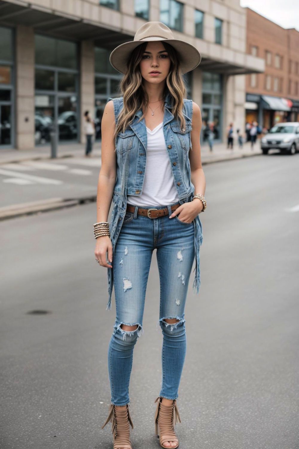 modern fringe vest and skinny jeans