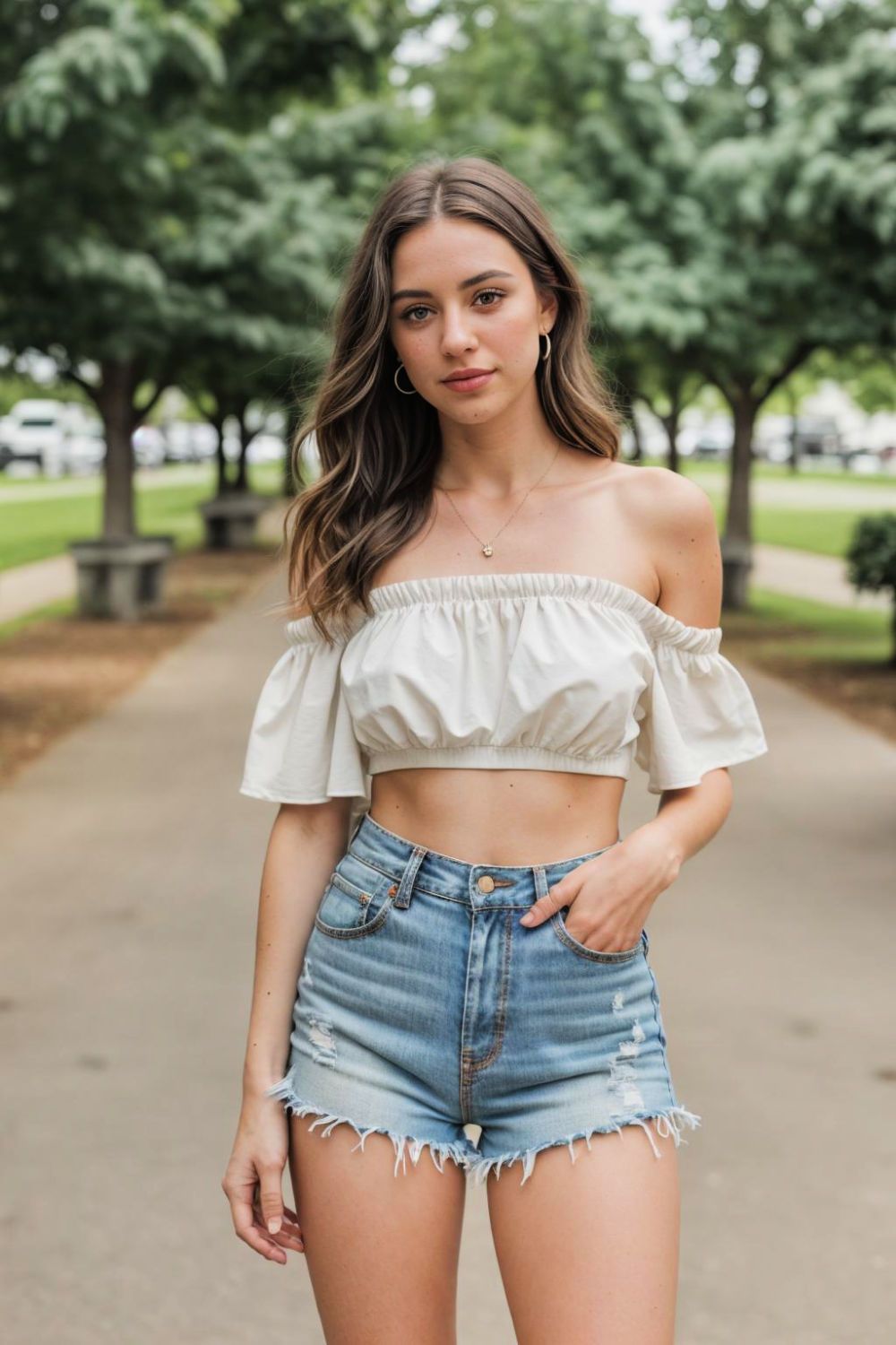 off the shoulder top and high waisted shorts