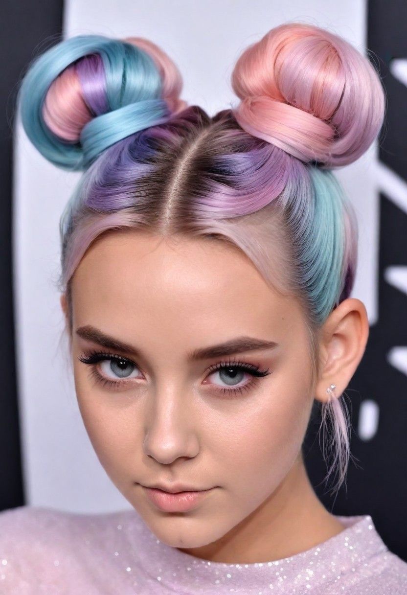pastel space buns hairstyle