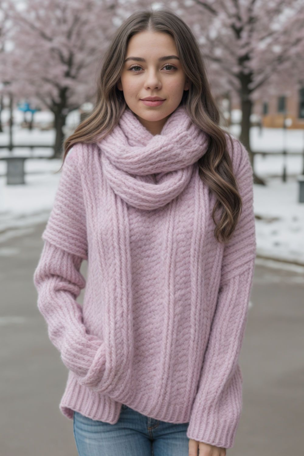 pink chunky knit scarf