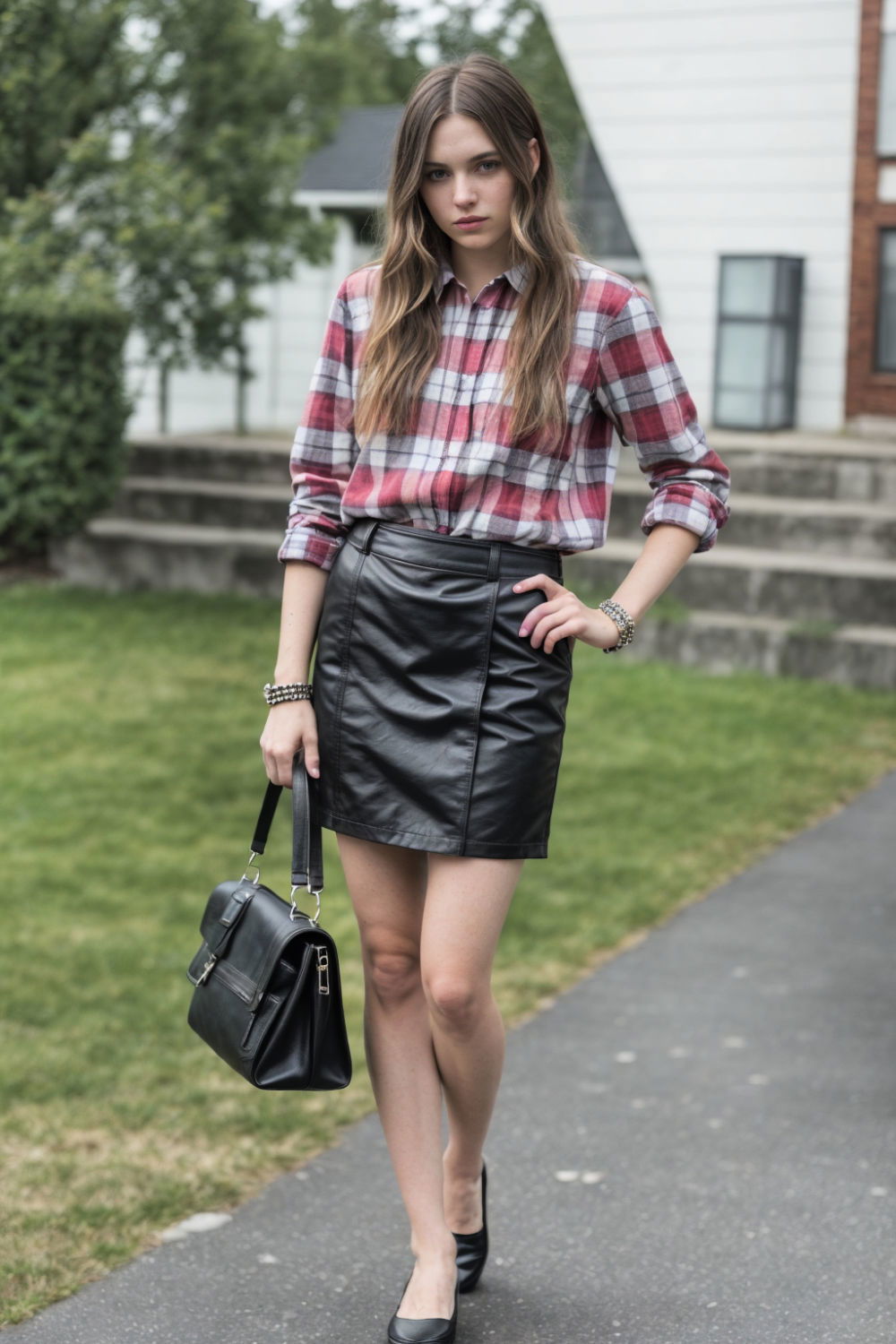 plaid shirt and leather shorts for rap concert outf