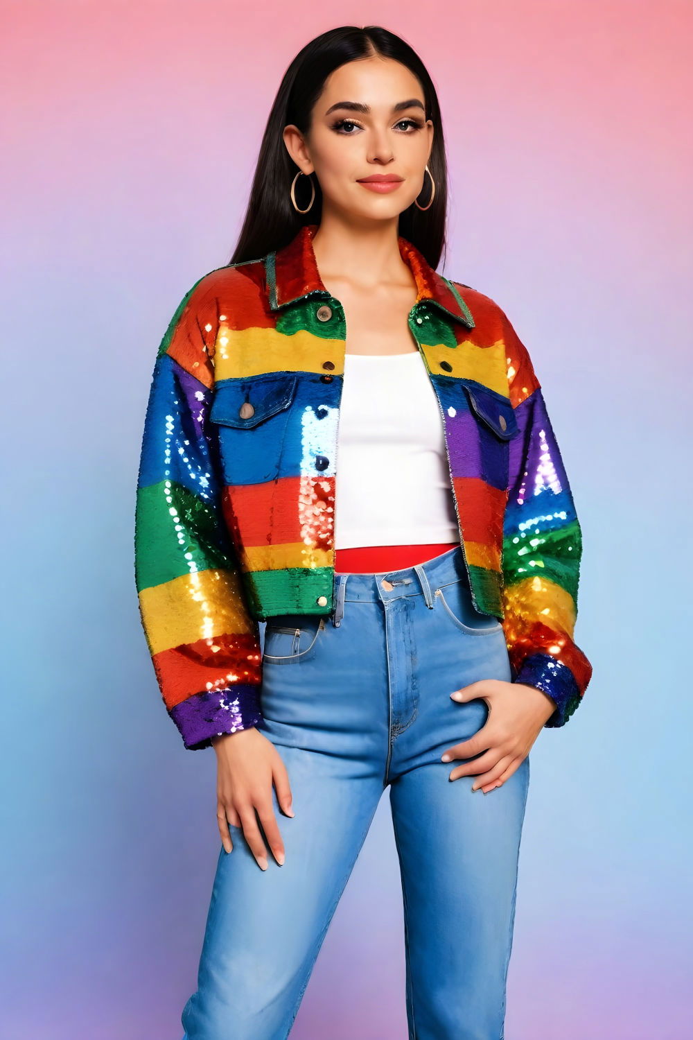 rainbow sequin jacket and mom jeans
