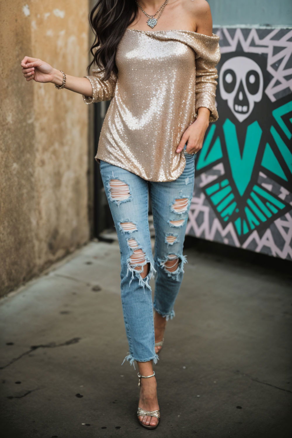 sequin top and ripped jeansfor rap concert outfit
