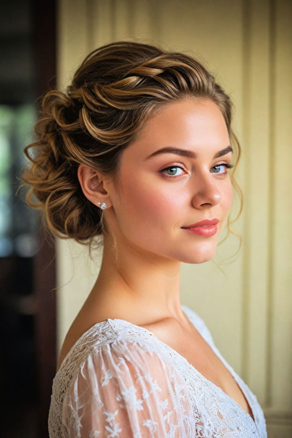 soft low updo with loose strands hairstyle