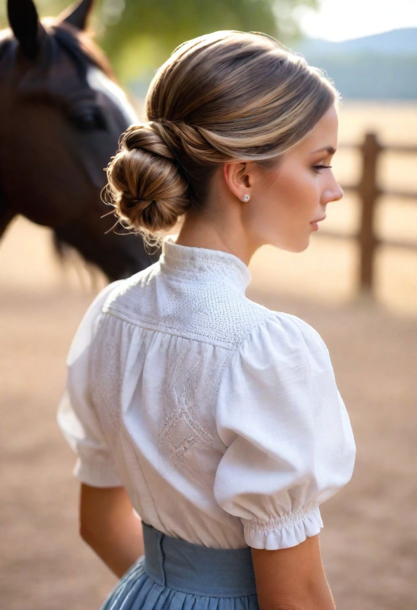 soft romantic low side bun cowgirl hairstyle