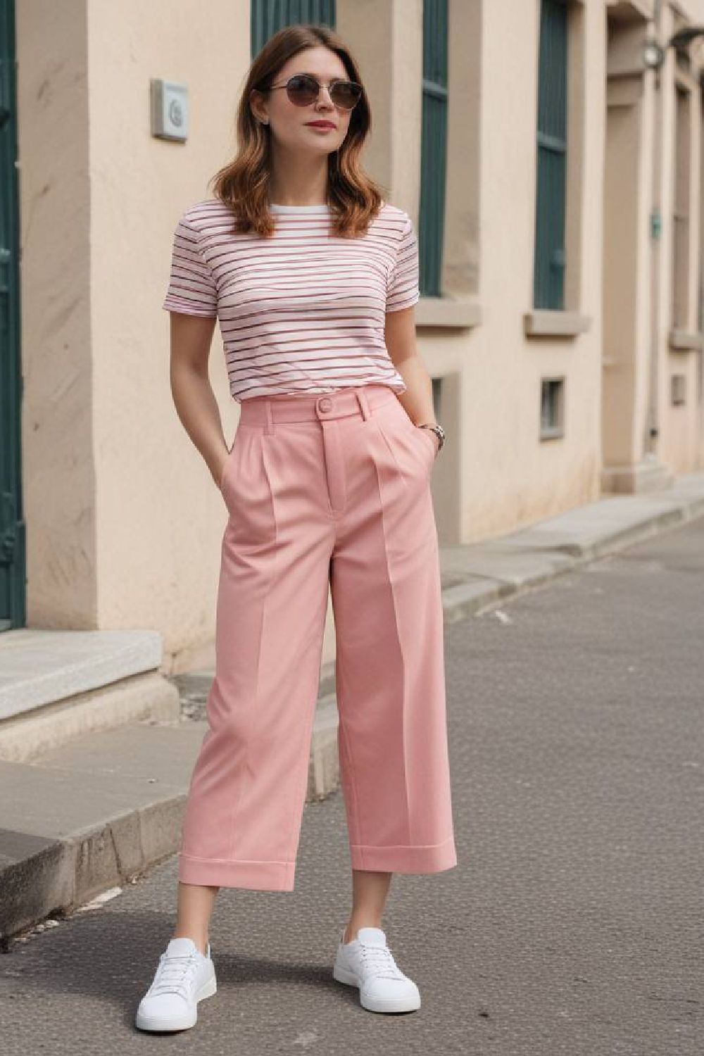 stylish salmon pink culottes and striped tee