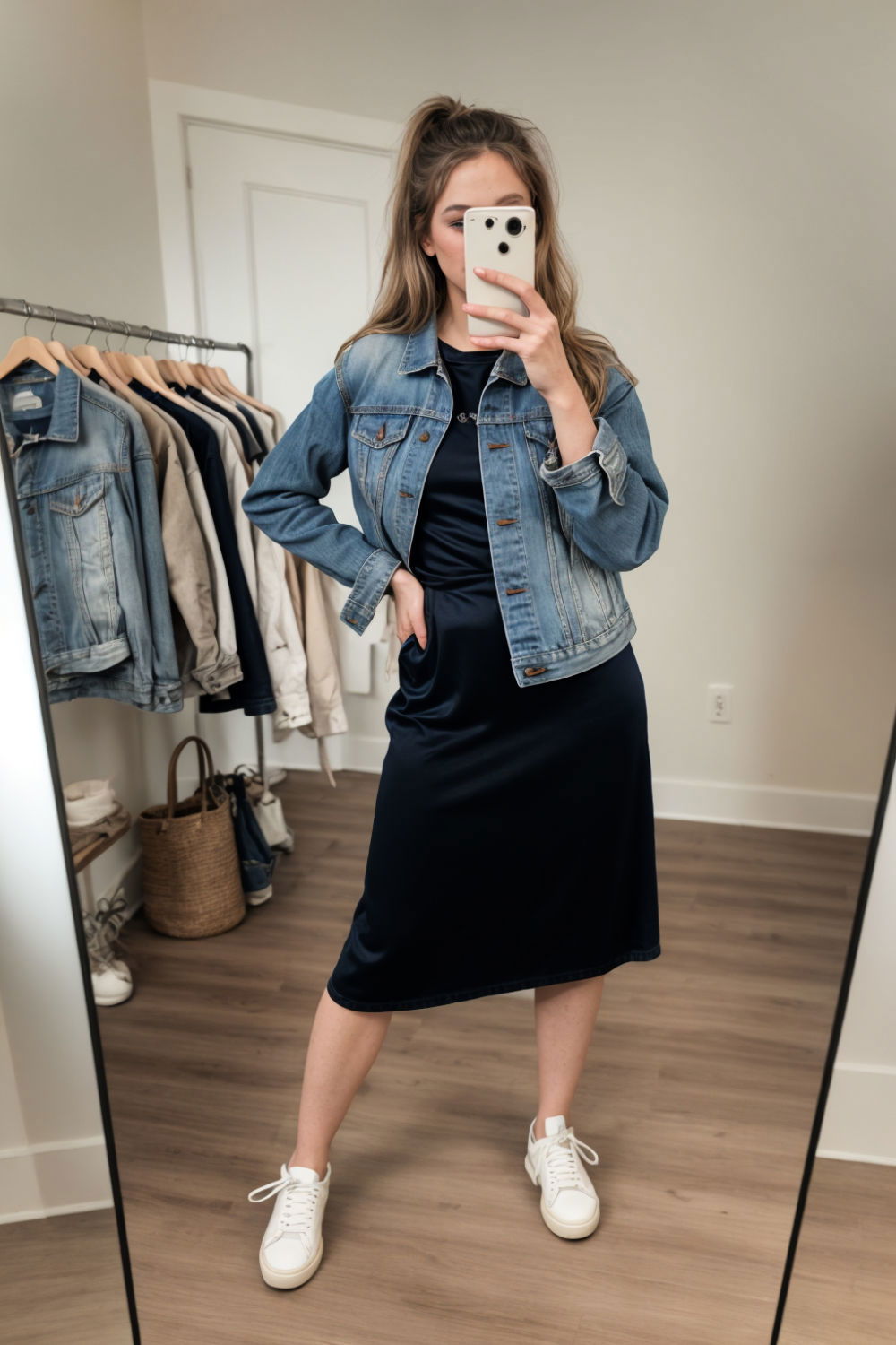 stylish satin slip dress and denim jacket
