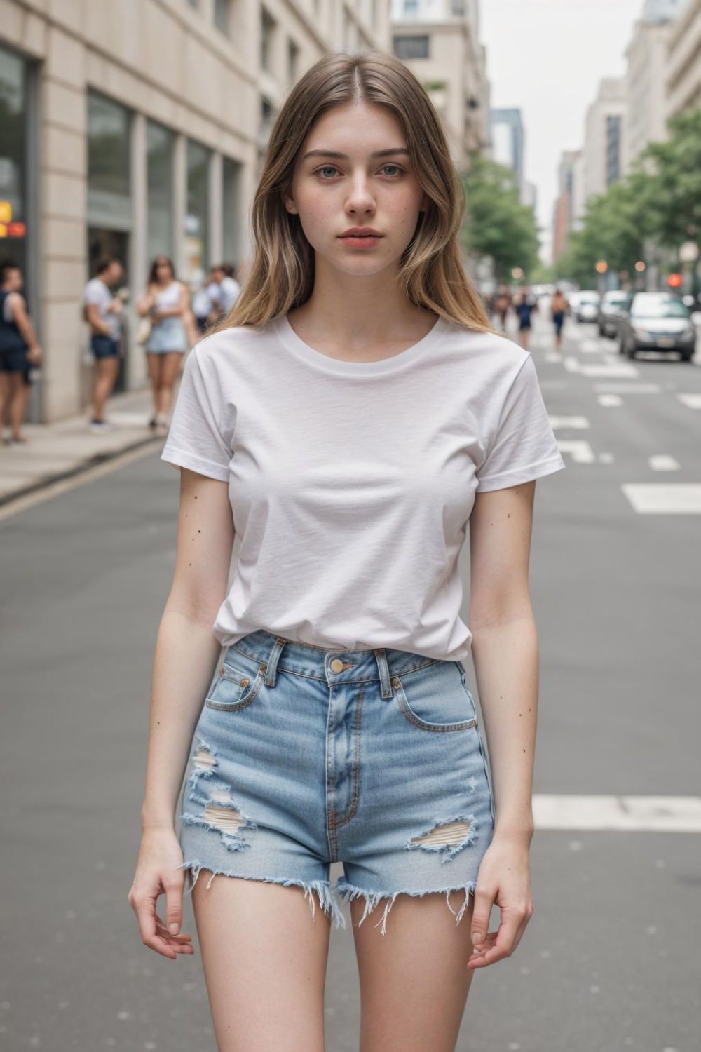 the classic white tee and denim shorts combo