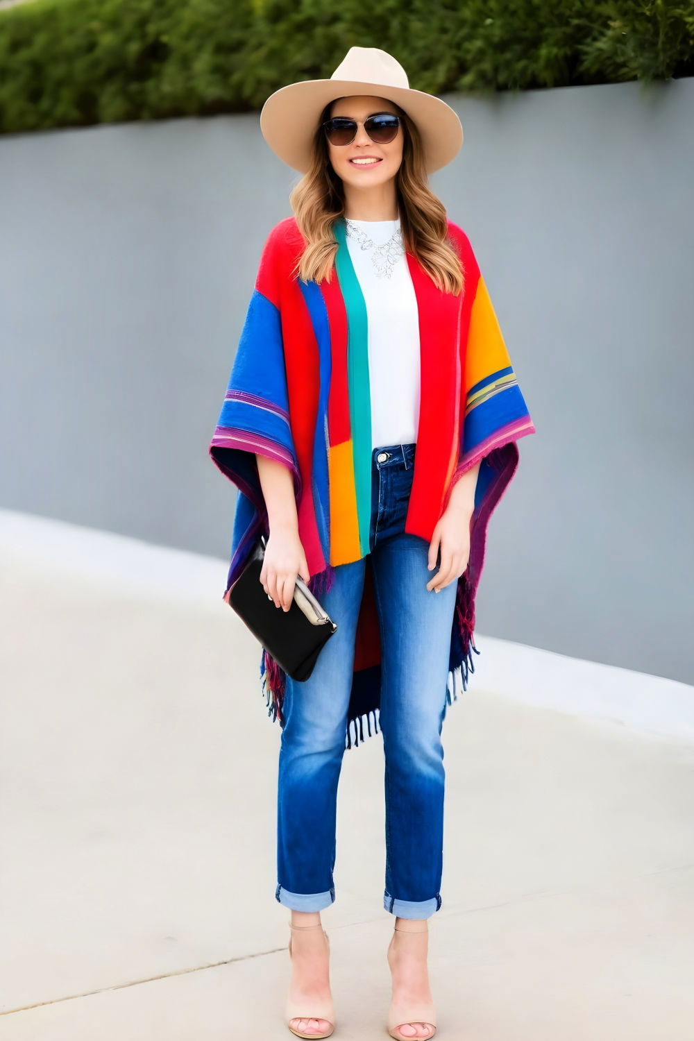 traditional denim and a colorful poncho