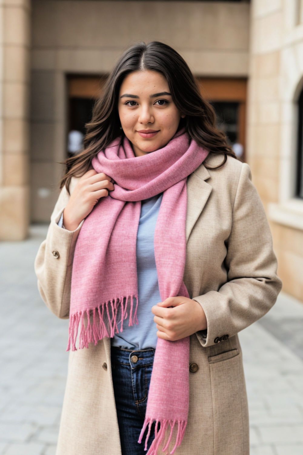 vibrant scarf with neutral outfits