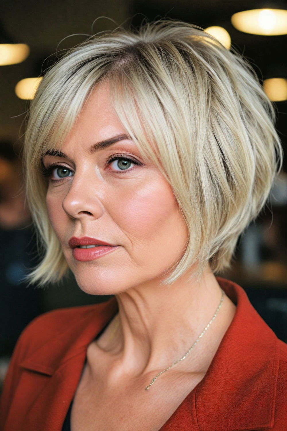 angled ash blonde bob short choppy hairstyle for over 70