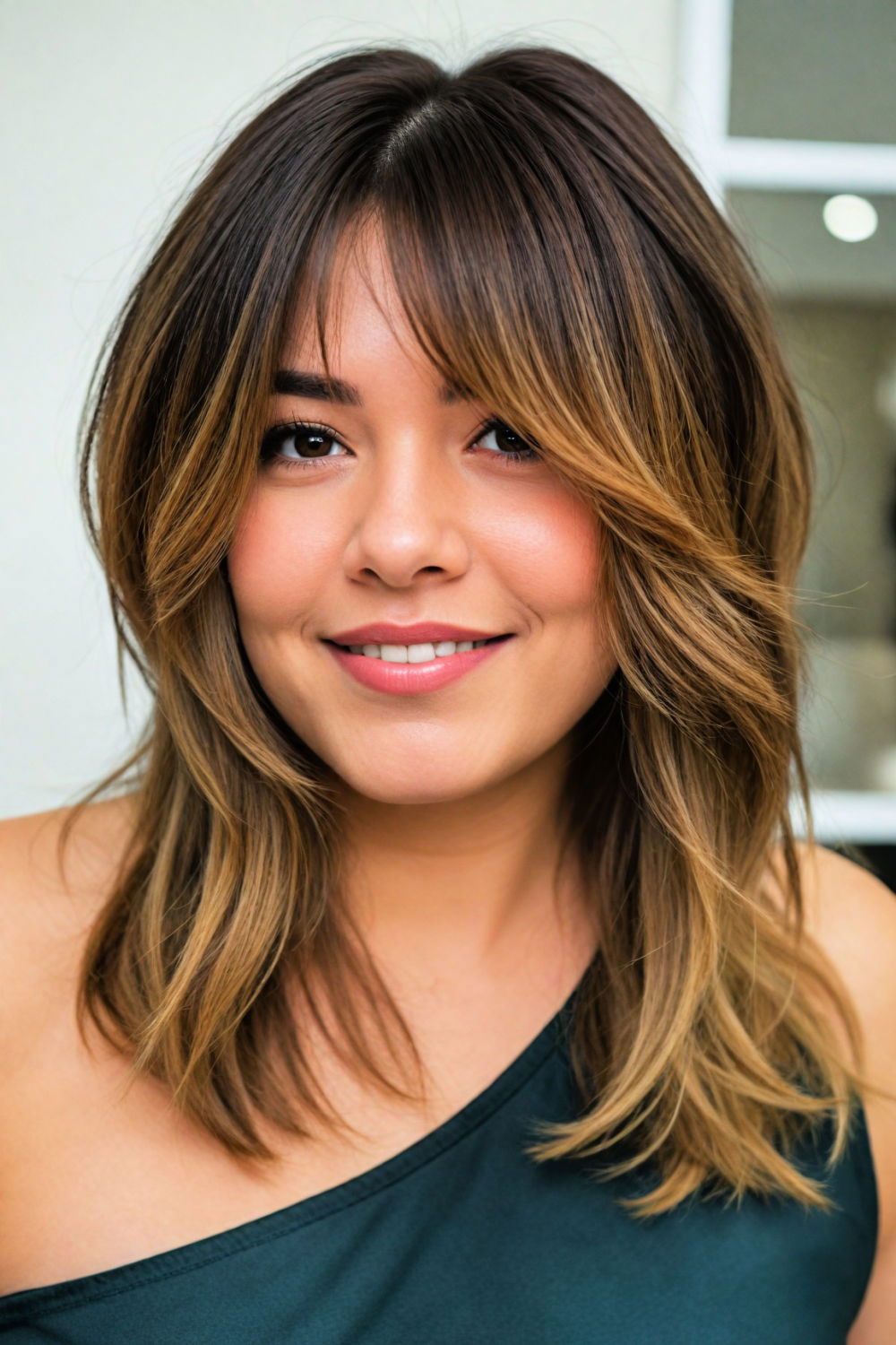 angled lob hairstyle for chubby cheeks and double chin