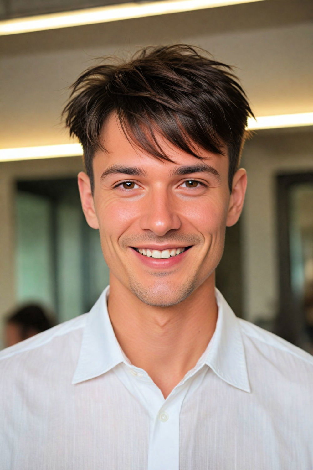 angular fringe hairstyle for men with big forehead