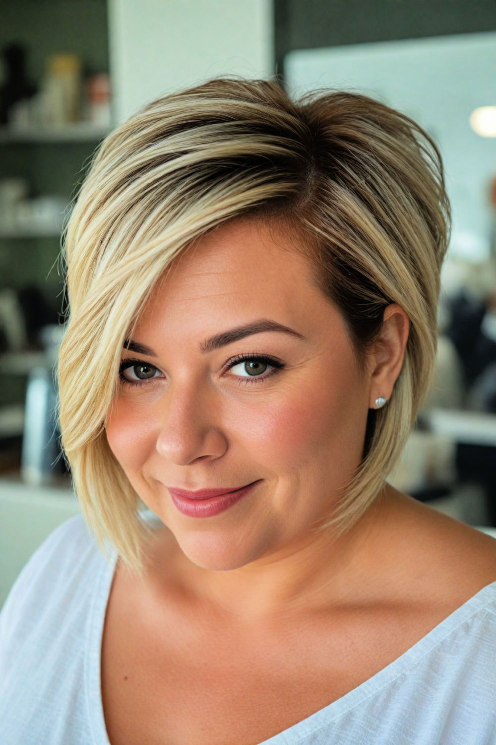 asymmetrical lob hairstyle for over 50 and overweight