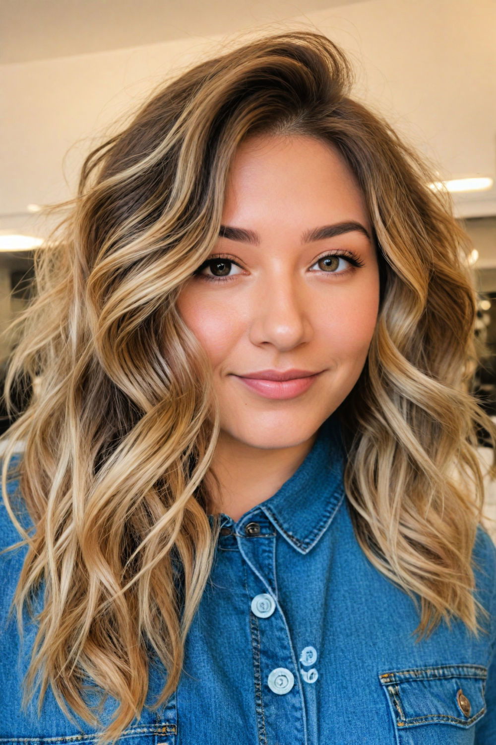 balayage with soft layers hairstyle for fat face and double chin
