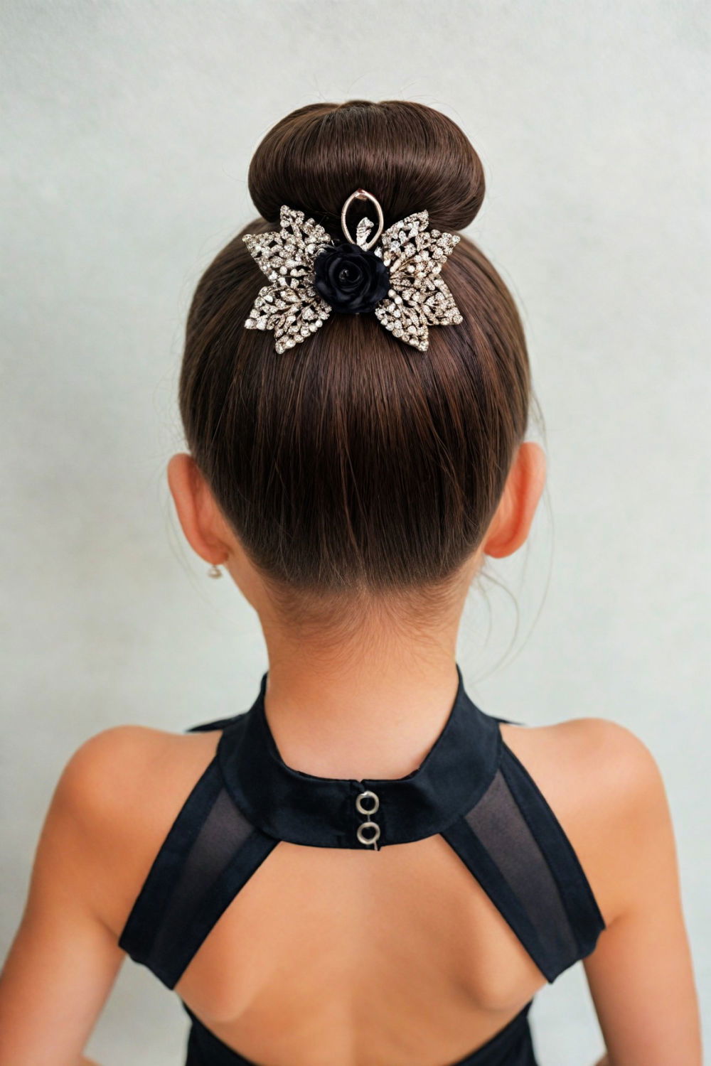 ballerina bun with glittery hairpins hairstyle