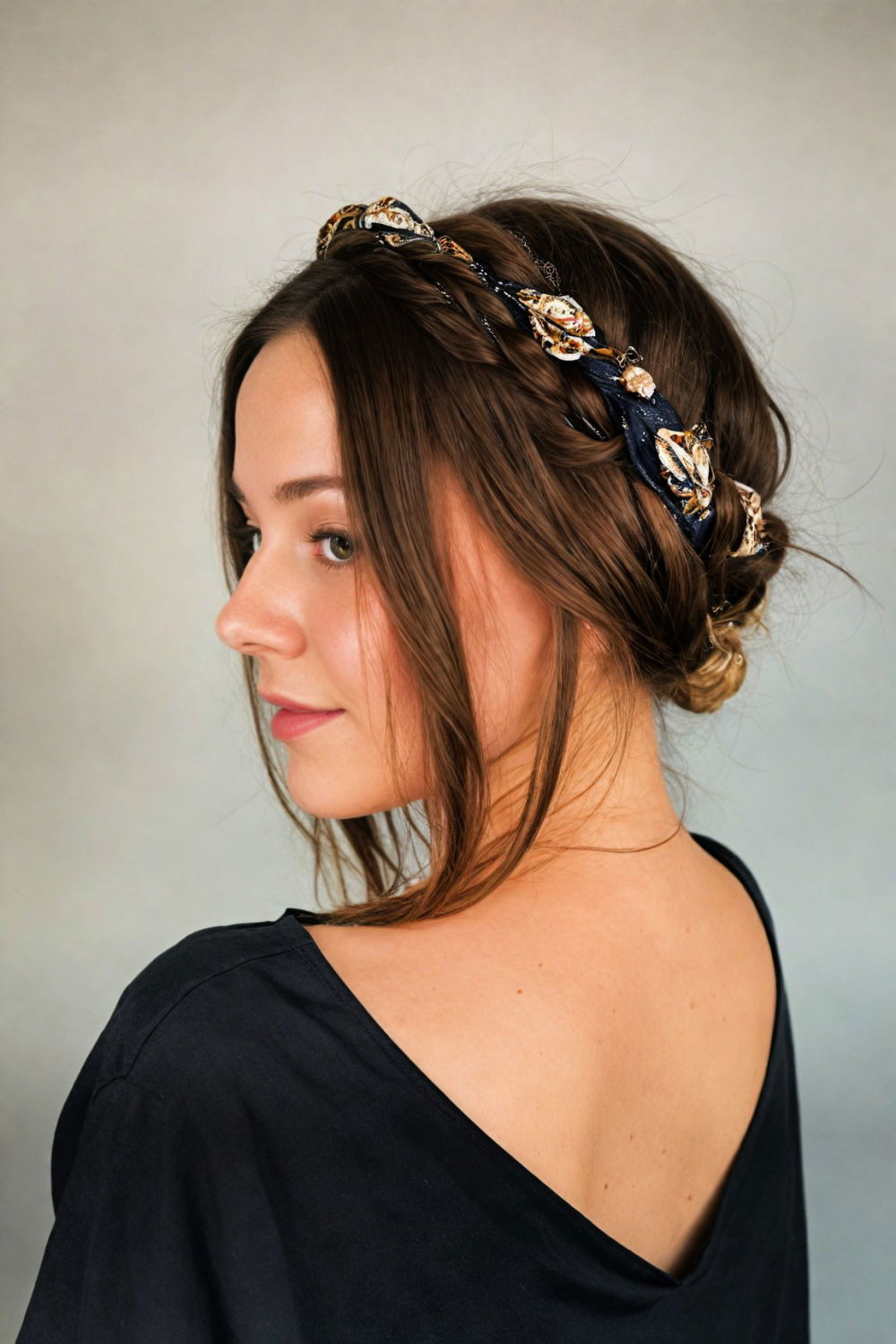 bandana encased braid crown hairstyle